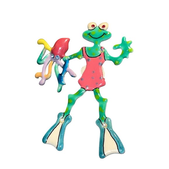 Carrete By Ganz Frog & Octopus Scuba Diving Rhinestone Brooch Pin Kids Girls - Picture 6 of 9
